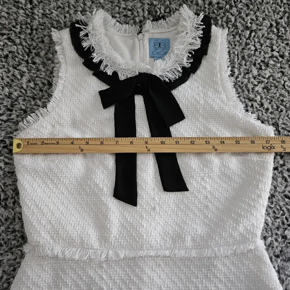 CeCe White Mini Dress Sz 6 M Tweed Sleeveless Black Bow Neck Tie Graduation - Picture 9 of 13